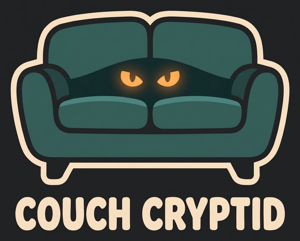 Couch Cryptid logo: a teal couch with glowing amber eyes peeking out from between its cushions